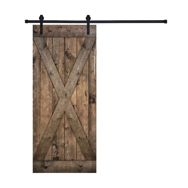 Akicon Paneled 24 in. x 84 in. 9 Panel Jacobean X Brace Wood Sliding Door