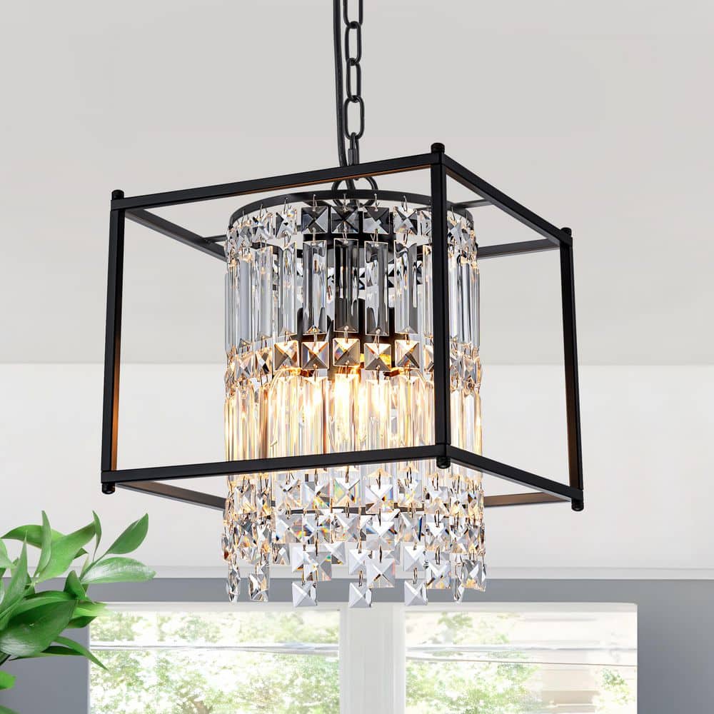 4 Lights Black Modern Geometric Crystal Chandelier 4-Light Industrial Squar