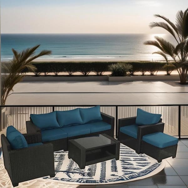 Cesicia Outdoor Brown 7-Piece Wicker Patio Conversation Set with Blue Cushions