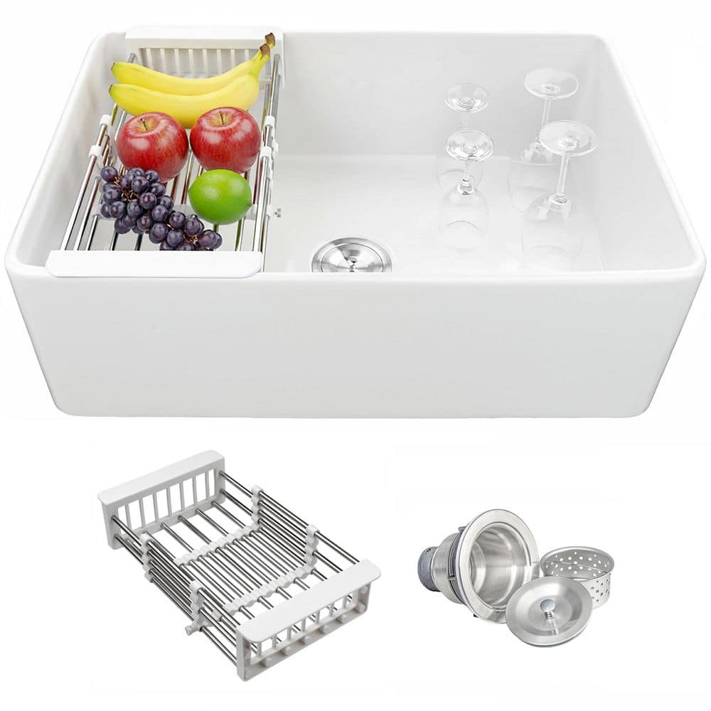 White Fireclay 33 in. Single Bowl Apron-Front Kitchen Sink with Basket Strainer price drop on PriceWatchPro