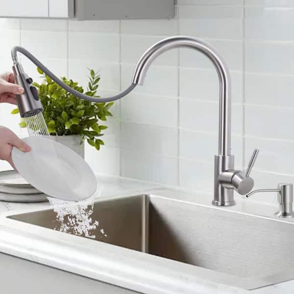 Single Handle Pull Down Sprayer Kitchen Faucet with 3-Function Sprayer and Soap Dispenser in Brushed Nickel