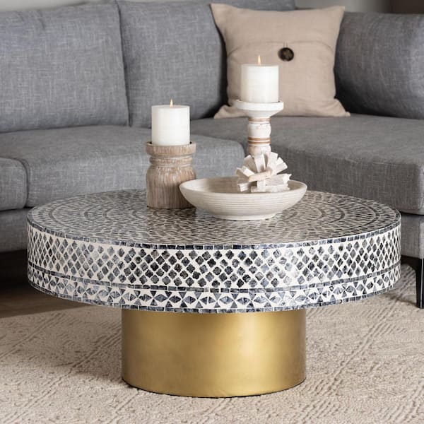 bali & pari Idra 35.4 in. Mosaic Black and White Round Capiz Coffee Table