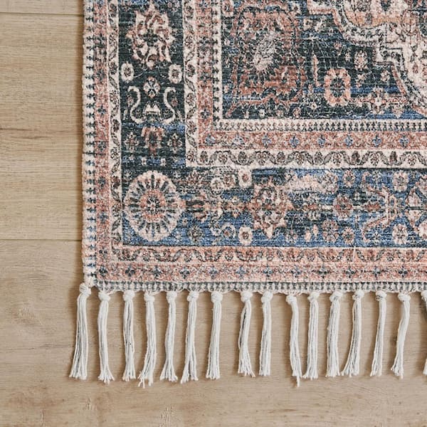 Chinille Fringe Machine Washable Blue/Rust 2 ft. x 9 ft. Medallion 2-Piece Area Rug Set