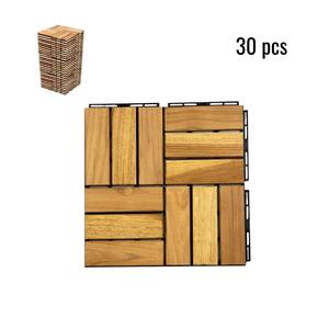 30 PCS Interlocking Deck Tiles Checker Pattern, 12" x 12" Square Teak Hardwood Outdoor Flooring for Patio, Bancony, Gold