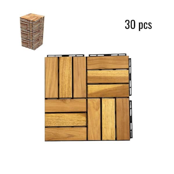 Siavonce 30 PCS Interlocking Deck Tiles Checker Pattern, 12" x 12" Square Teak Hardwood Outdoor Flooring for Patio, Bancony, Gold