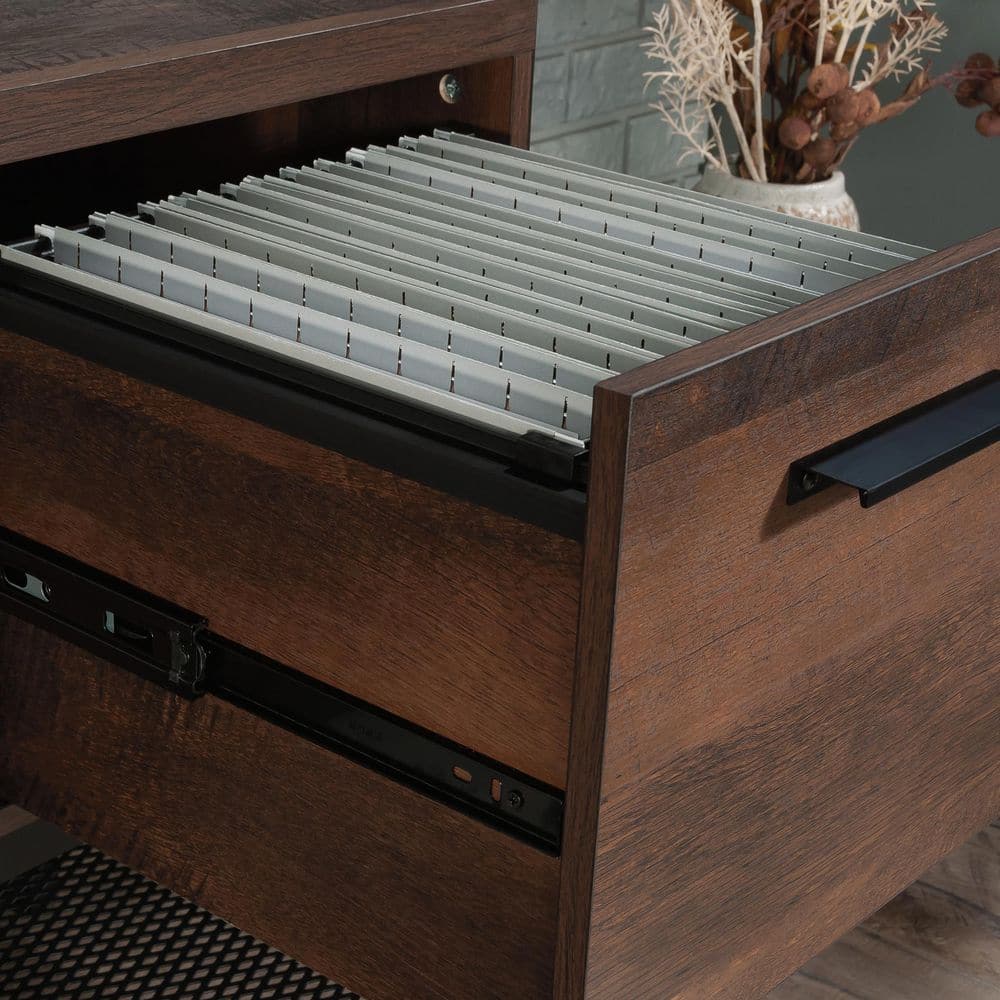 Barrel Oak and Black Metal 2-Drawer Office Credenza