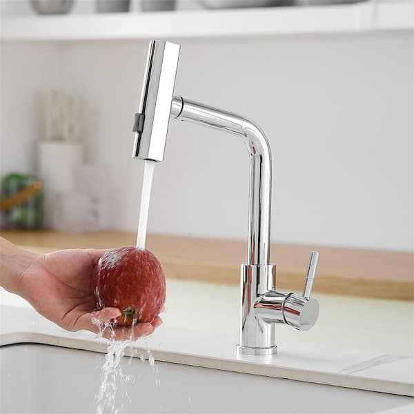 Chrome Single Handle 304 Stainless Steel Waterfall Pull Out Sprayer Kitchen Faucet with 360° Swivel