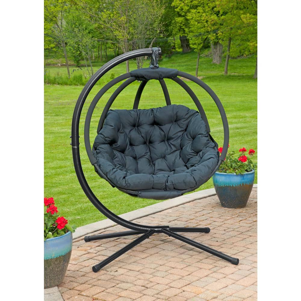 Black Steel Hanging Ball Chair with Plush Cushions