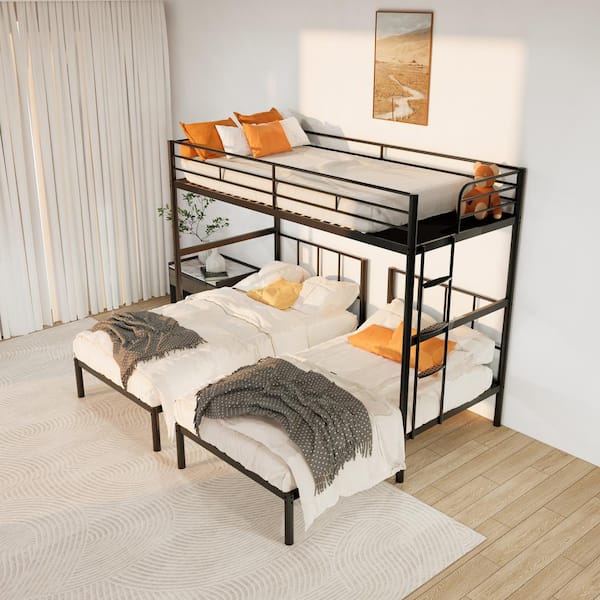 Detachable Black Twin Over Twin and Twin Metal Triple Bunk Bed with Comfortable Rungs, Heavy Duty, Easy to Assemble