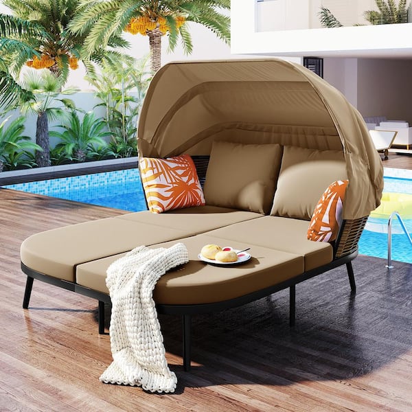 Unbranded 1-Piece Brown Metal Outdoor Day Bed Rattan PE Wicker Back with Throw Pillows and Cushions for Backyard, Poolside, Garden