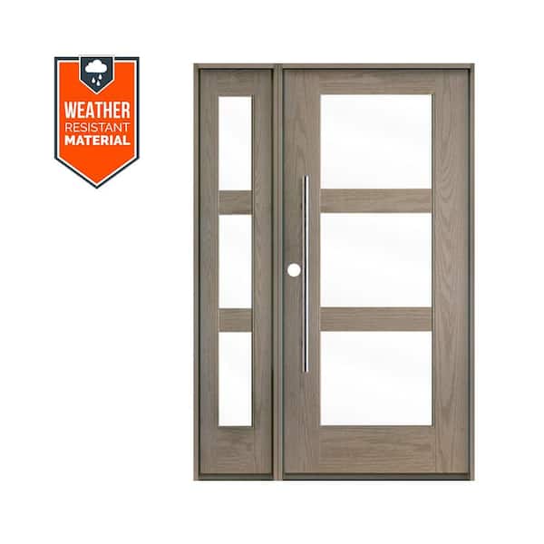 Faux Pivot 50 in. x 79 in. 3-Lite Right-Hand/Inswing Clear Glass Oiled Leather Stain Fiberglass Prehung Front Door/LSL