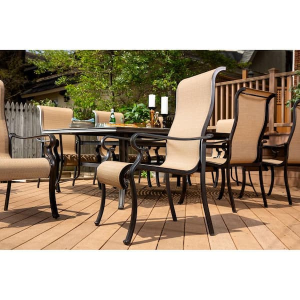 Brigantine 9-Piece Aluminum Outdoor Dining Set with an XL Cast-Top Table and 8-Slingback Dining Chairs