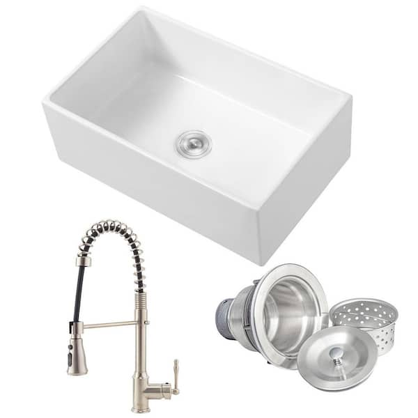 White Fireclay 30 in. Single Bowl Apron-Front Kitchen Sink with Faucets and Basket Strainer