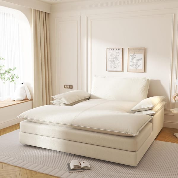 80in. W Chenille Sectional Sofa with Solid Wood Frame, Oversized Full Chaise Lounge, Sofa Bed in White