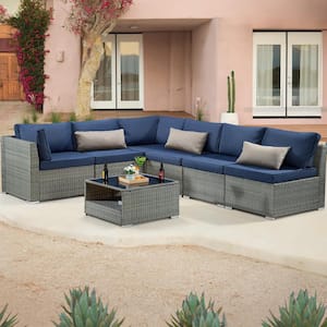 7-Piece Wicker Outdoor Patio Sectional Sofa Conversation Set with Blue Cushions