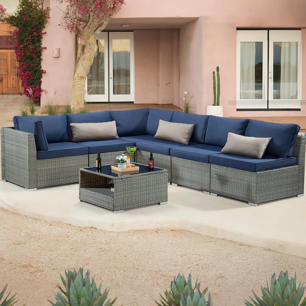 JOYSIDE 7-Piece Wicker Outdoor Patio Sectional Sofa Conversation Set with Blue Cushions