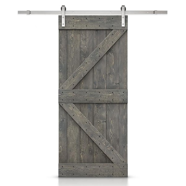 CALHOME K Series 30 in. x 84 in. Solid Weather Gray Stained DIY Knotty Pine Wood Interior Sliding Barn Door with Hardware Kit