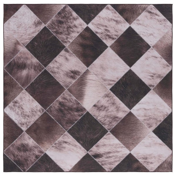 SAFAVIEH Faux Hide Light Brown/Brown 6 ft. x 6 ft. Machine Washable Plaid Gradient Square Area Rug