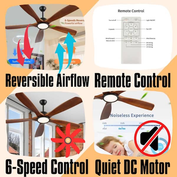 60 in. Indoor Brown Modern Ceiling Fan with LED Light with Remote Included, Downrod Mount