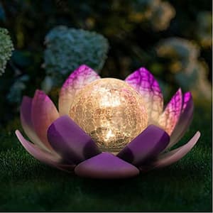 Solar Lights Outdoor Garden Decor, Purple Lotus Solar Light, Waterproof LED Crackle Globe Glass Flower Light