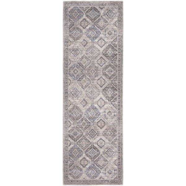 HomeRoots Ivory and Tan 2 ft. x 8 ft. Floral Power Loom Distressed Washable Runner Rug