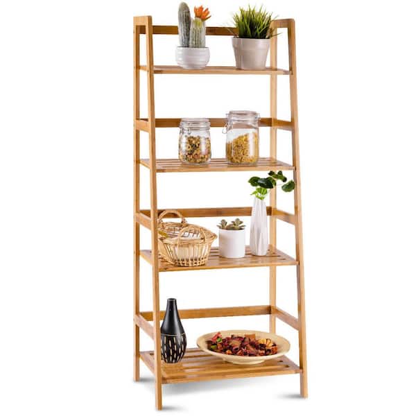Costway 19 in. L x 12.5 in. x 47.5 in. Ladder Indoor Brown Wood Bamboo Plant Stand (4-Tiered)