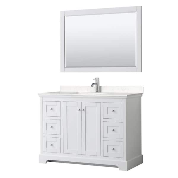 Wyndham Collection Avery 48"W x 22"D Single Vanity in White w/ Cultured Marble Vanity Top in LightVein Carrara w/ Basin & Mirror