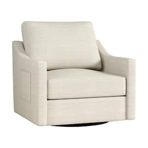 360° Swivel Wood Outdoor Rocking Chair with White Cushion Storage Pockets and Sturdy Frame, Comfort Meets Convenience