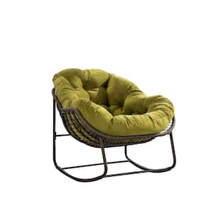 Brown Wicker Outdoor Rocking Chair with Olive Green Cushion