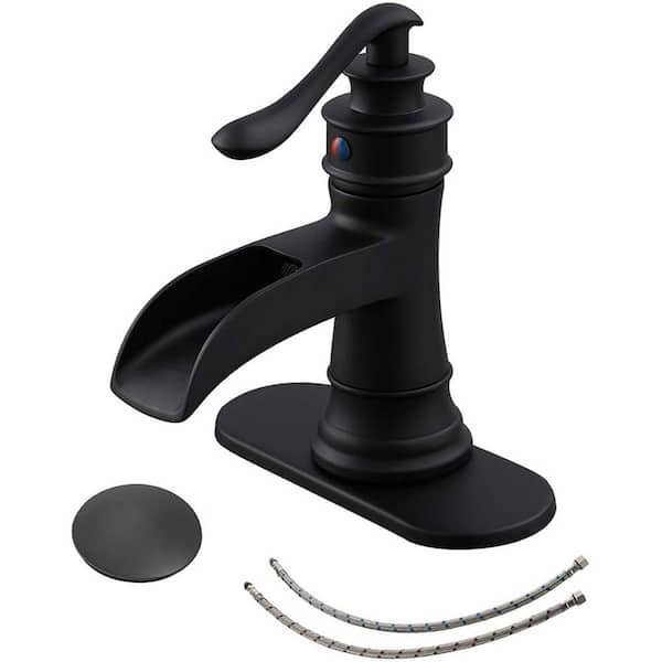 Unbranded Single Handle Single Hole Bathroom Faucet with Drain Assembly Modern Brass Waterfall Bathroom Sink Taps in Matte Black