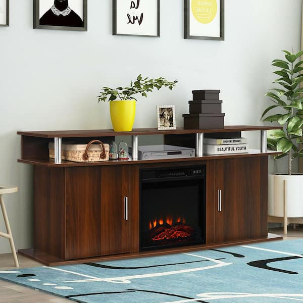 63 in. Fireplace TV Stand with 18 in. 1500-Watt Electric Fireplace up to 70 in. Walnut