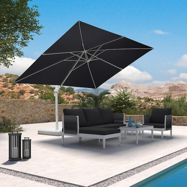 PURPLE LEAF 9 ft. x 11 ft. Outdoor Patio Cantilever Umbrella White Aluminum Offset 360° Rotation Umbrella with Base, Gray