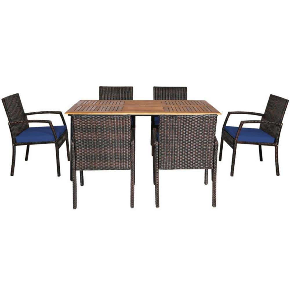 "7-Piece Wicker Rectangle Table Outdoor Dining Set with Navy Cushions and 2.16"" Umbrella Hole" price history on PriceWatchPro