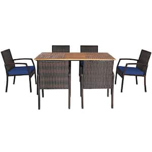 7-Piece Wicker Rectangle Table Outdoor Dining Set with Navy Cushions and 2.16" Umbrella Hole