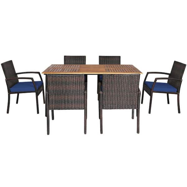 Clihome 7-Piece Wicker Rectangle Table Outdoor Dining Set with Navy Cushions and 2.16" Umbrella Hole