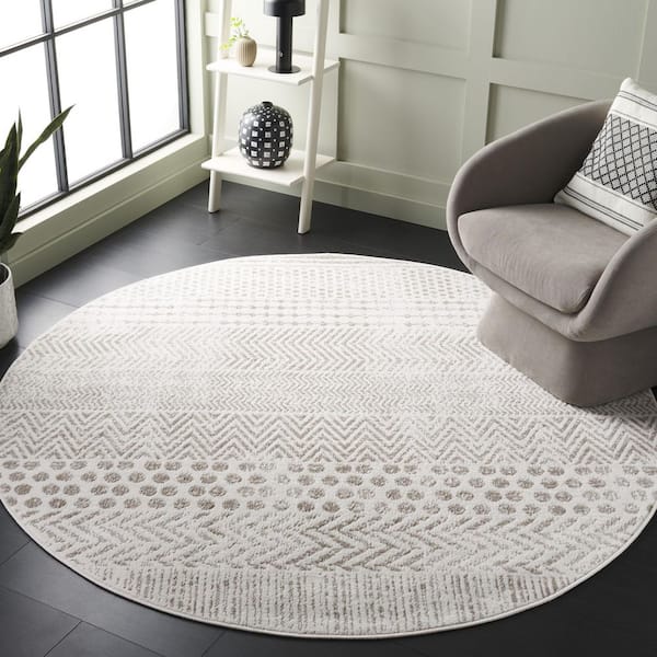 Pyramid 5 ft. x 5 ft. Ivory/Gray Dots Chevron Striped Round Area Rug