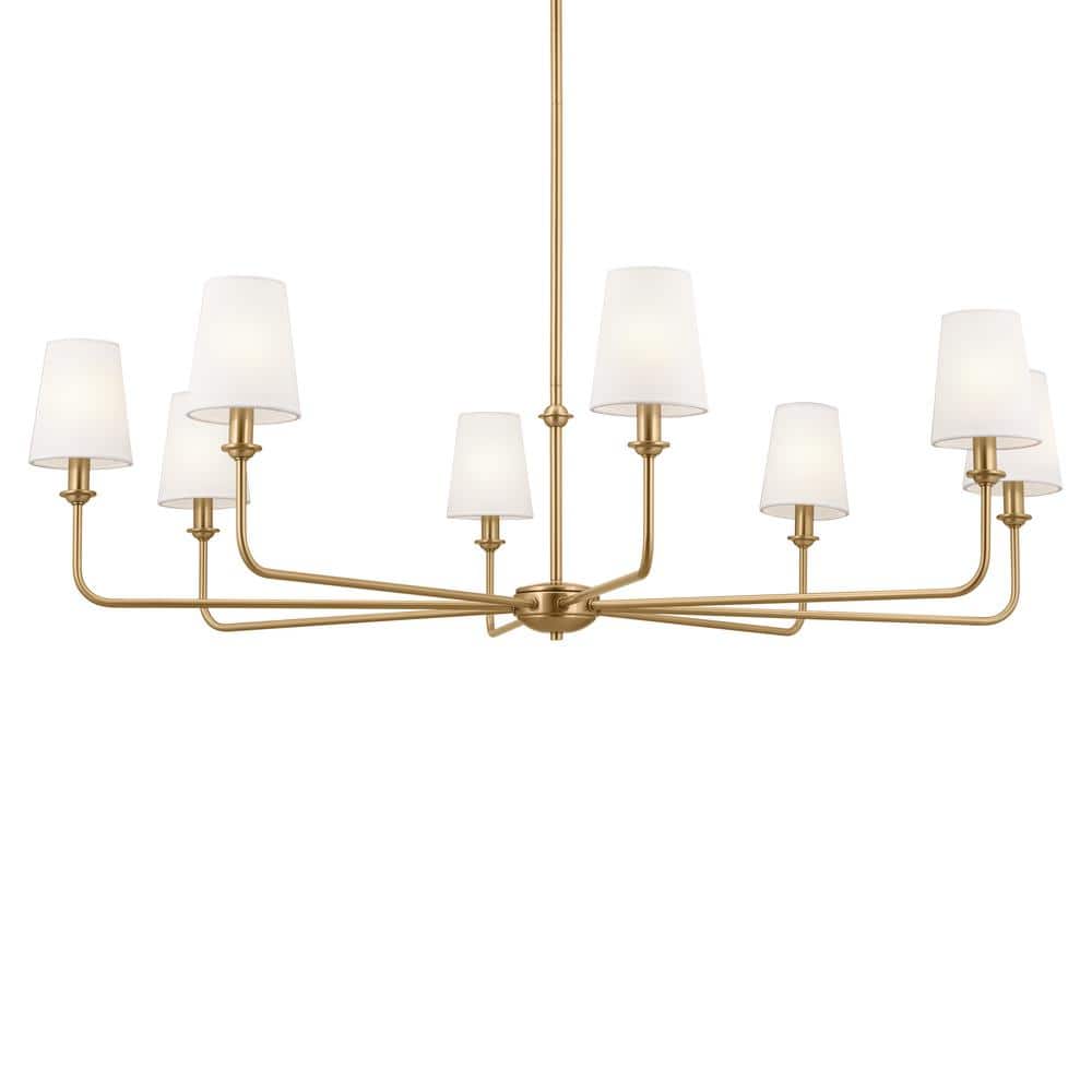 Brushed Natural Brass 8-Light Chandelier with White Linen Shades