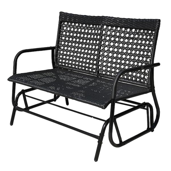 Silverpark 44 in. Patio Wicker Rattan Outdoor Rocking Chair for Backyard Garden Porch in Black ( 2-Person)