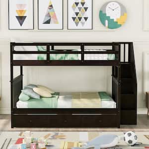 Espresso Full Over Full Stairway Bunk Bed with 3 Drawers and Bookshelves, Wood Kids Bunk Bed Frame with Staircases