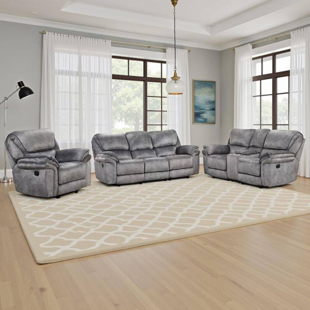 Arisa Gray and Black Faux Leather Glider Sofa, Loveseat and Chair Manual Recliner (Set of 3)