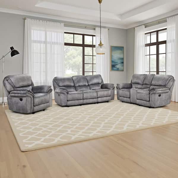 Arisa Gray and Black Faux Leather Glider Sofa, Loveseat and Chair Manual Recliner (Set of 3)