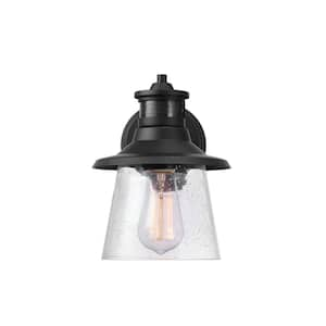 150-Degree 1-Light Matte Black Motion Activated Outdoor Barn Wall Sconce with Clear Seeded Glass Shade