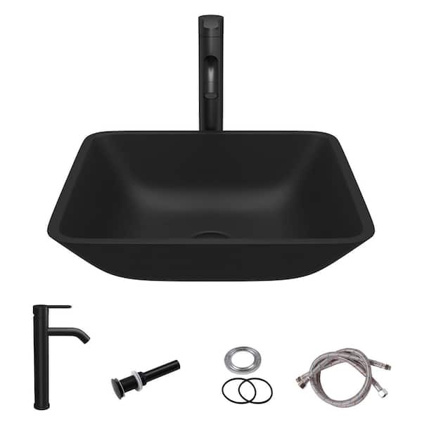Sarlai 16.42 in. x 16.42 in. Drop-in/Topmount Square Bathroom Glass Vessel Sink with Faucet and Drain in Matte Black