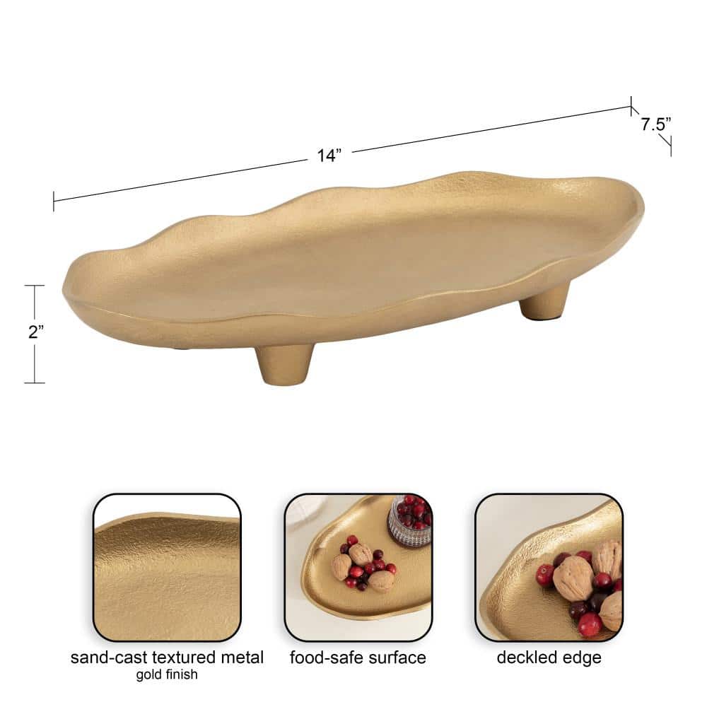 Gold Scalloped Oval Footed Metal Tray, 14 x 8
