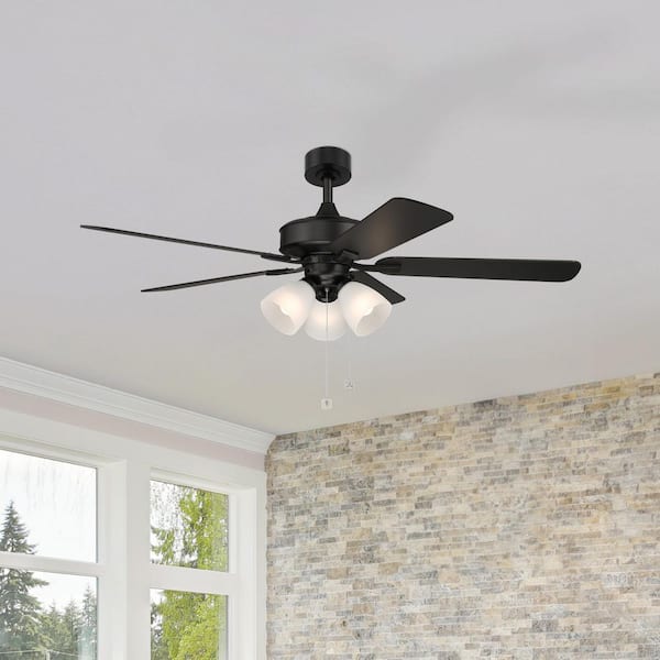 Stellant II 52 in. Indoor/Covered Outdoor Downrod Matte Black Traditional Ceiling Fan w/ Three 3000K LED Bulbs Included