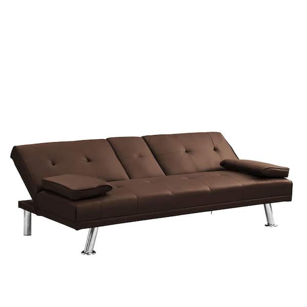 66.1 in. Brown Faux Leather Sofa Bed with armrest and holders Convertible Sofa Bed Futon Set