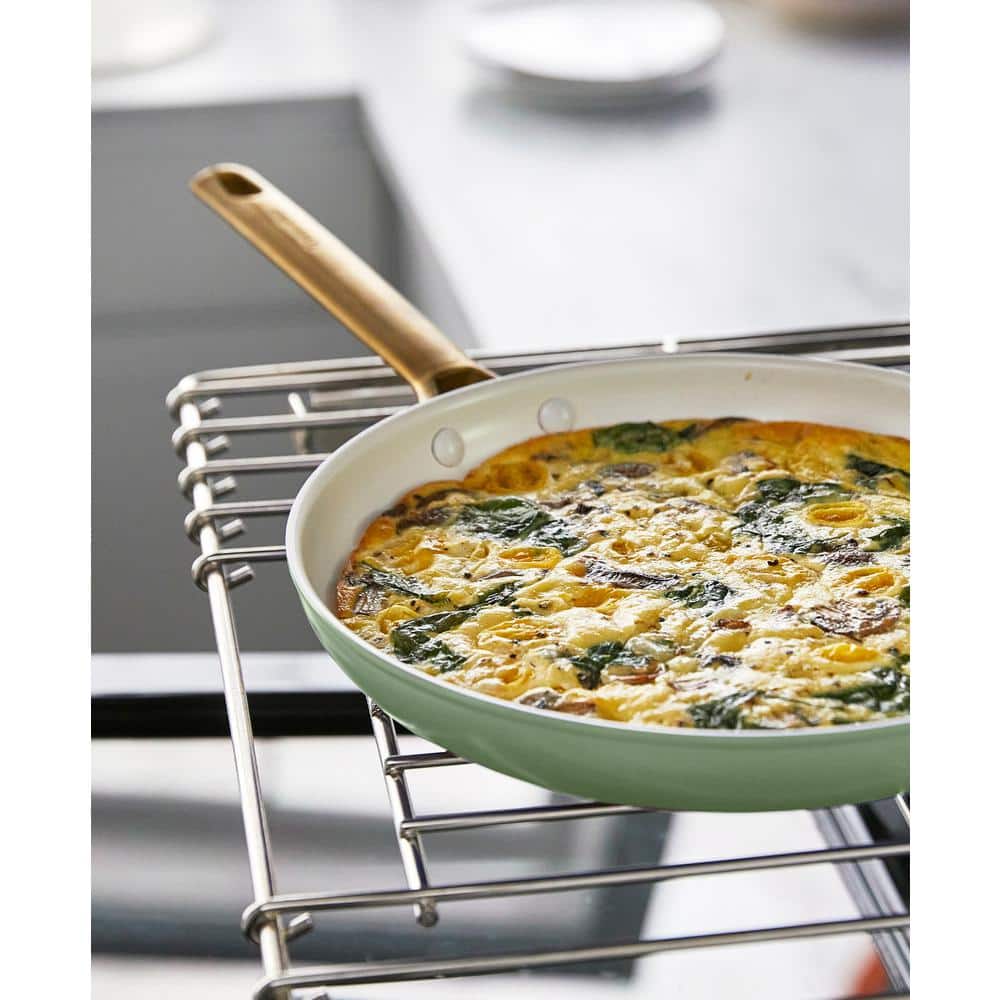 Sage Green Aluminum Ceramic Nonstick Fry Pan Set with Gold Handles