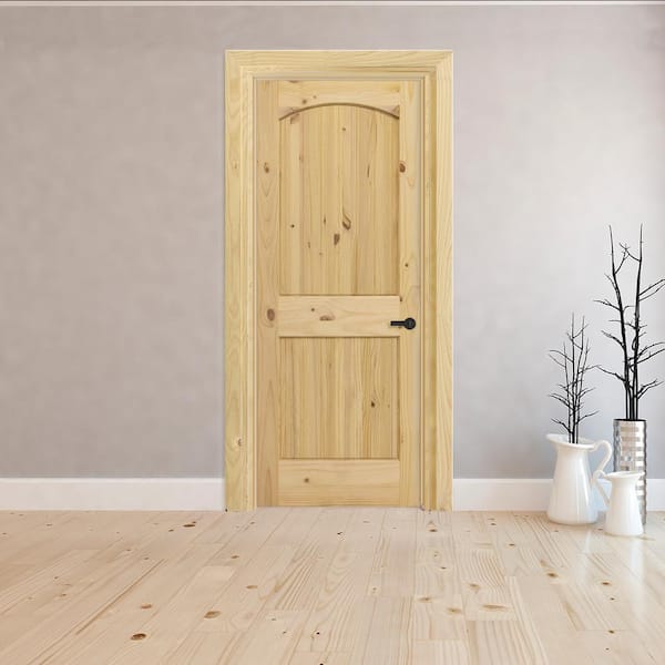 24 in. x 80 in. 2-Panel Archtop Left-Hand Unfinished Knotty Pine Wood Single Prehung Interior Door with Nickel Hinges