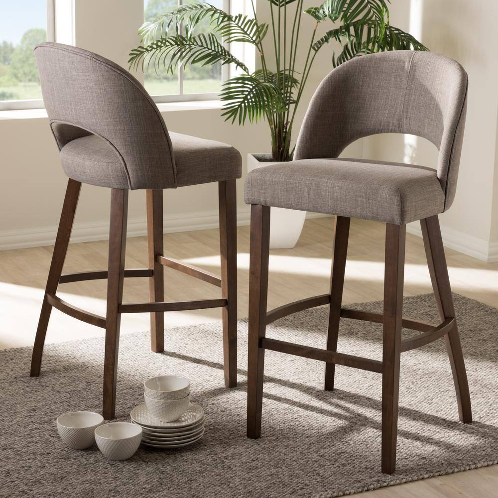 Melrose Light Grey Fabric Walnut Wood Bar Stools, Set of 2