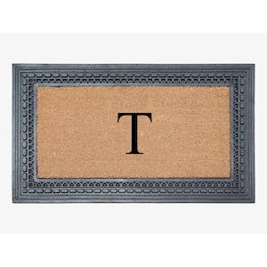 A1HC Square Geometric Black/Beige 24 in. x 39 in. Rubber and Coir Heavy Duty Easy to Clean Monogrammed T Door Mat